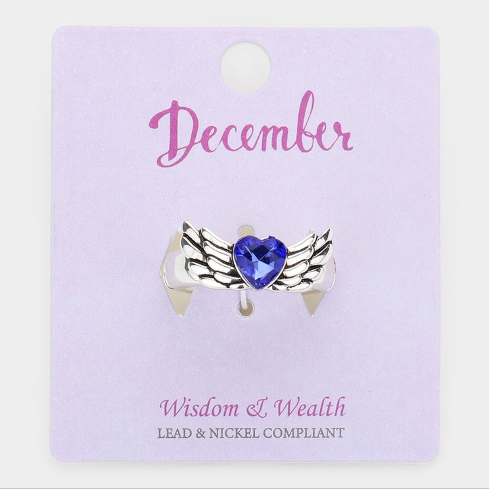 DECEMBER Birth Month Winged Heart Stretch Finger Ring Statement Fashion Accessor